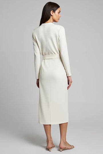V-Neck Sheath Ivory Long Sleeve Work Dress With Slit